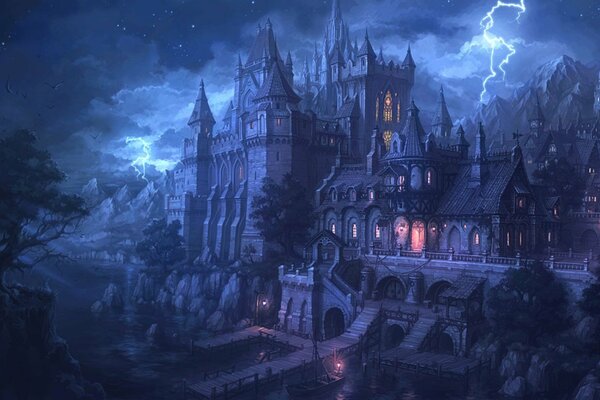 Château de nuit d art pendant l orage