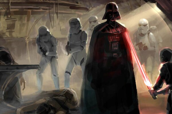 Darth Vader y el niño con la espada láser contra los Stormtroopers