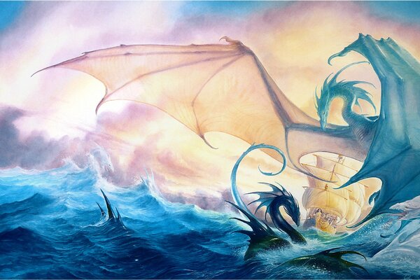 Dragons fly over the ship in the sea