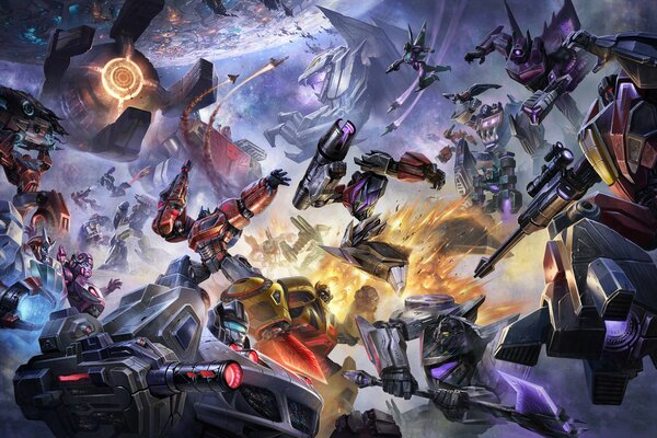 Batalla espacial de Transformers y robots