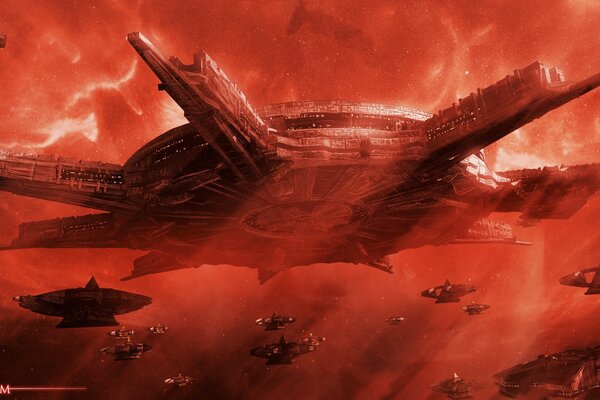 Nave extraterrestre con nave Armada en el cielo rojo