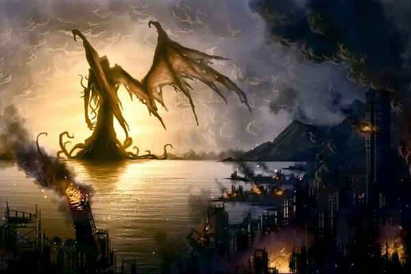 The fire of the coastal city. The Call of Cthulhu