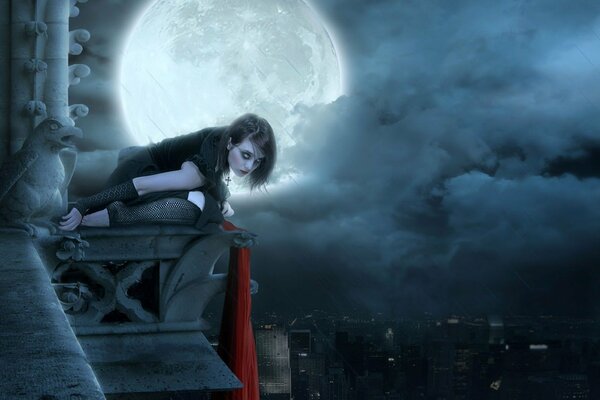 Girl on the roof under the moon