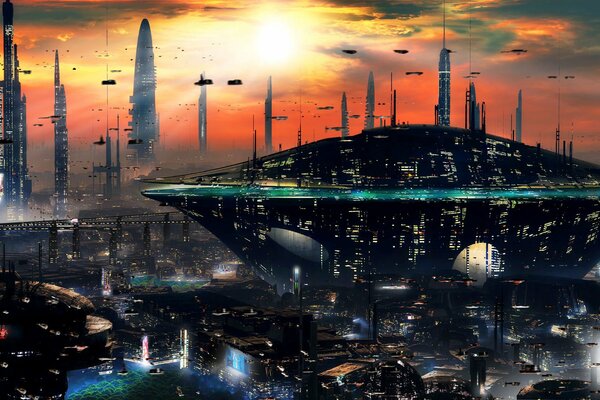 Ville de science-fiction au coucher du soleil