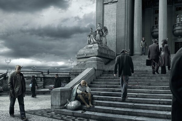 Gray background and montreux in clothes in the city