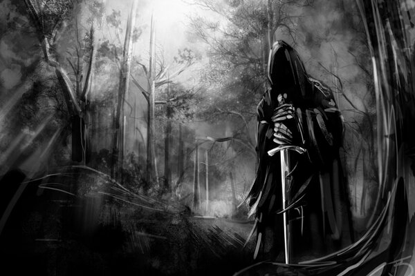 Black and white painting of the forest and the war with the sword