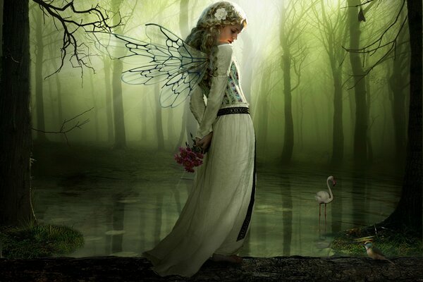 A girl with wings in the forest by the lake