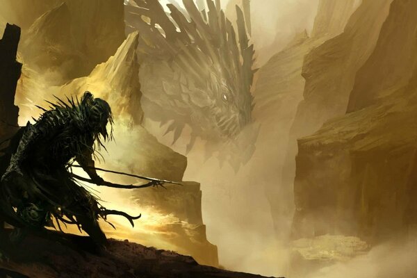 An archer hunts a dragon in a gorge