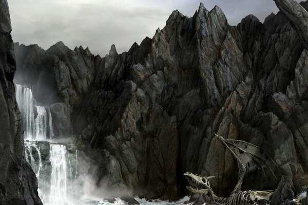 Dragon skeleton in the sea, waterfall in the rocks