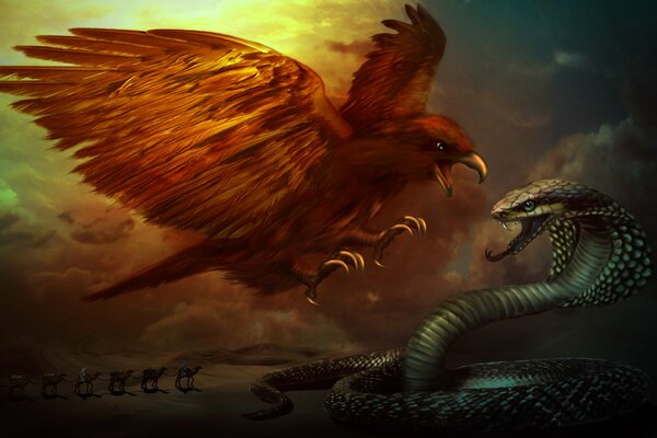The battle of an eagle in the desert with a snake