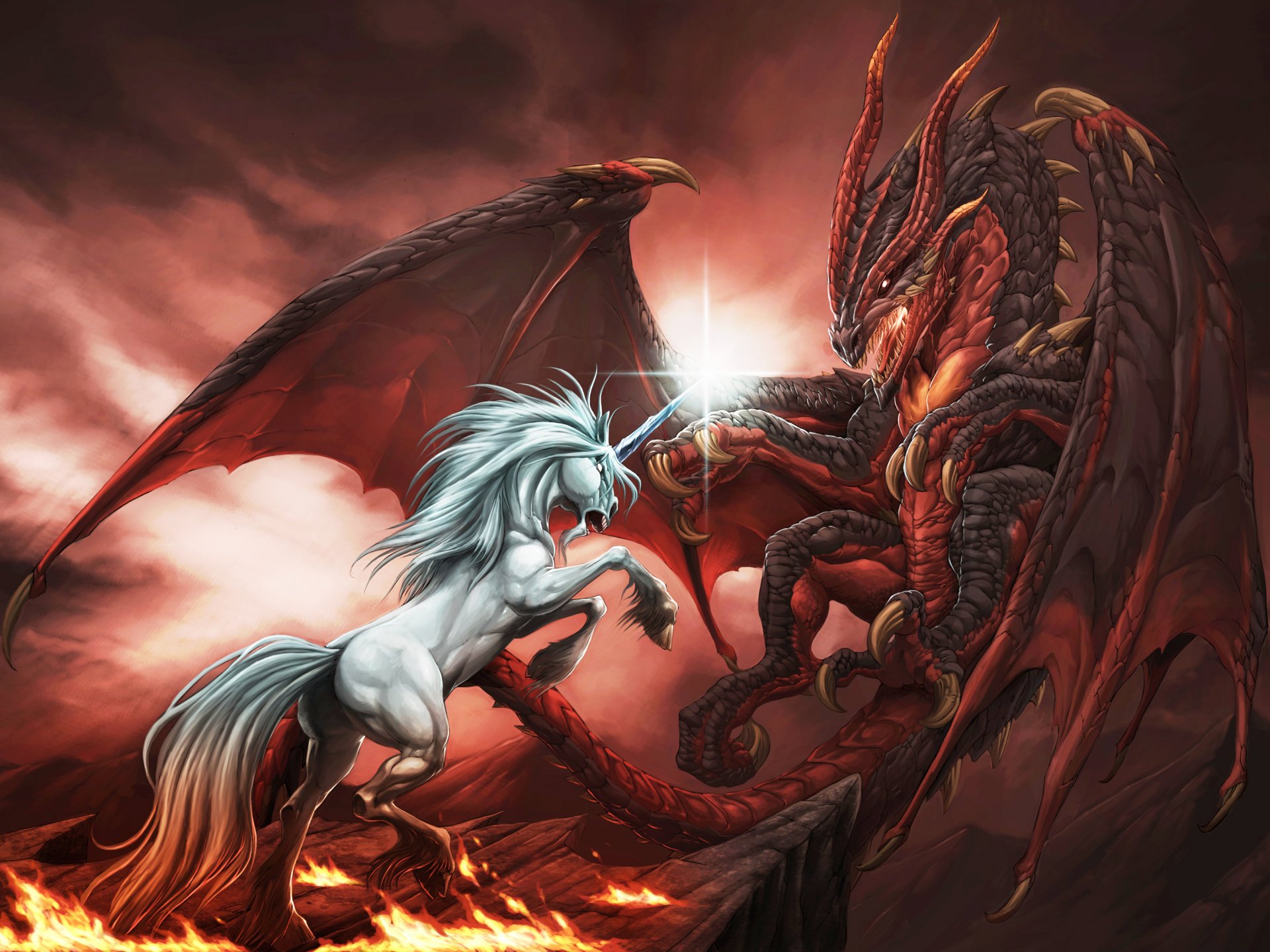 dragon unicorn fight drawings fire mythology