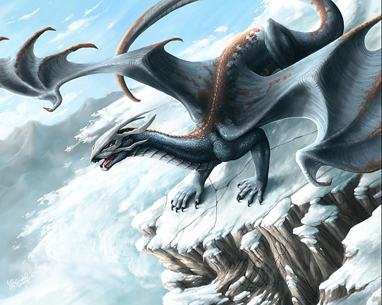 dragon winter mountain avalanche fantasy