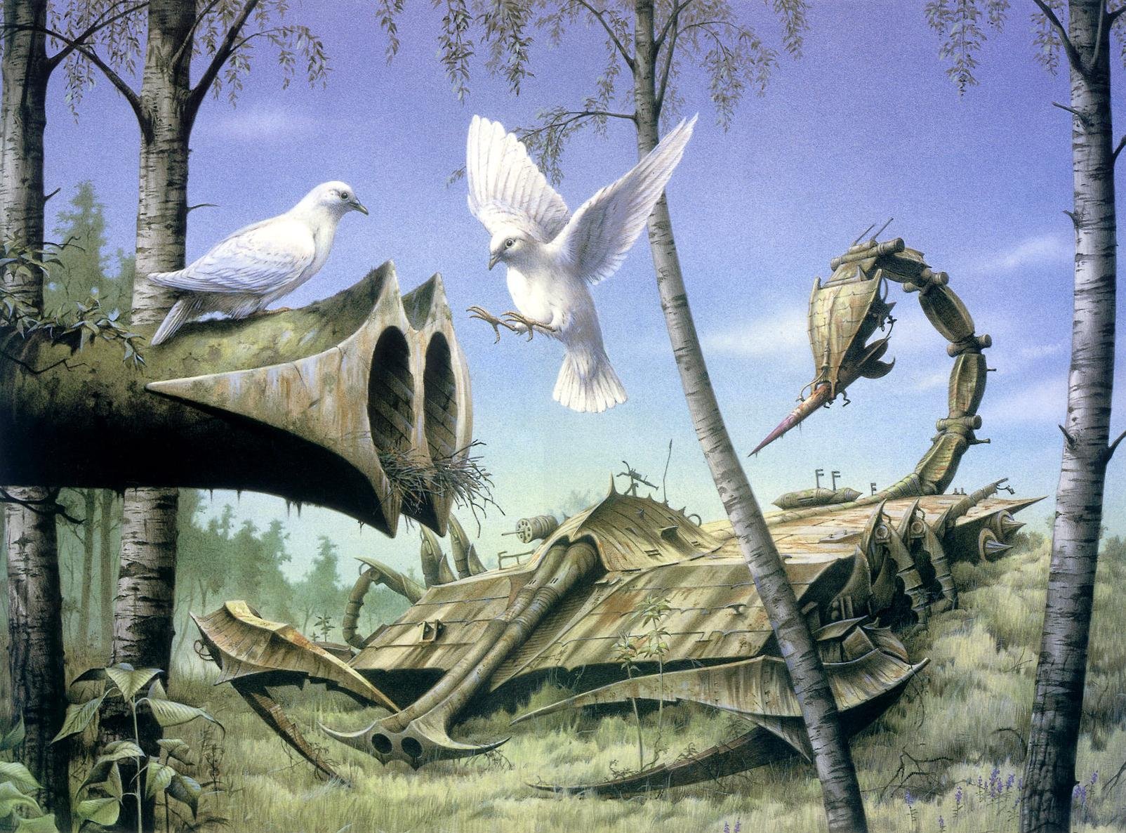 rodney matthews paz en el pasado bosque armas palomas silencio paz