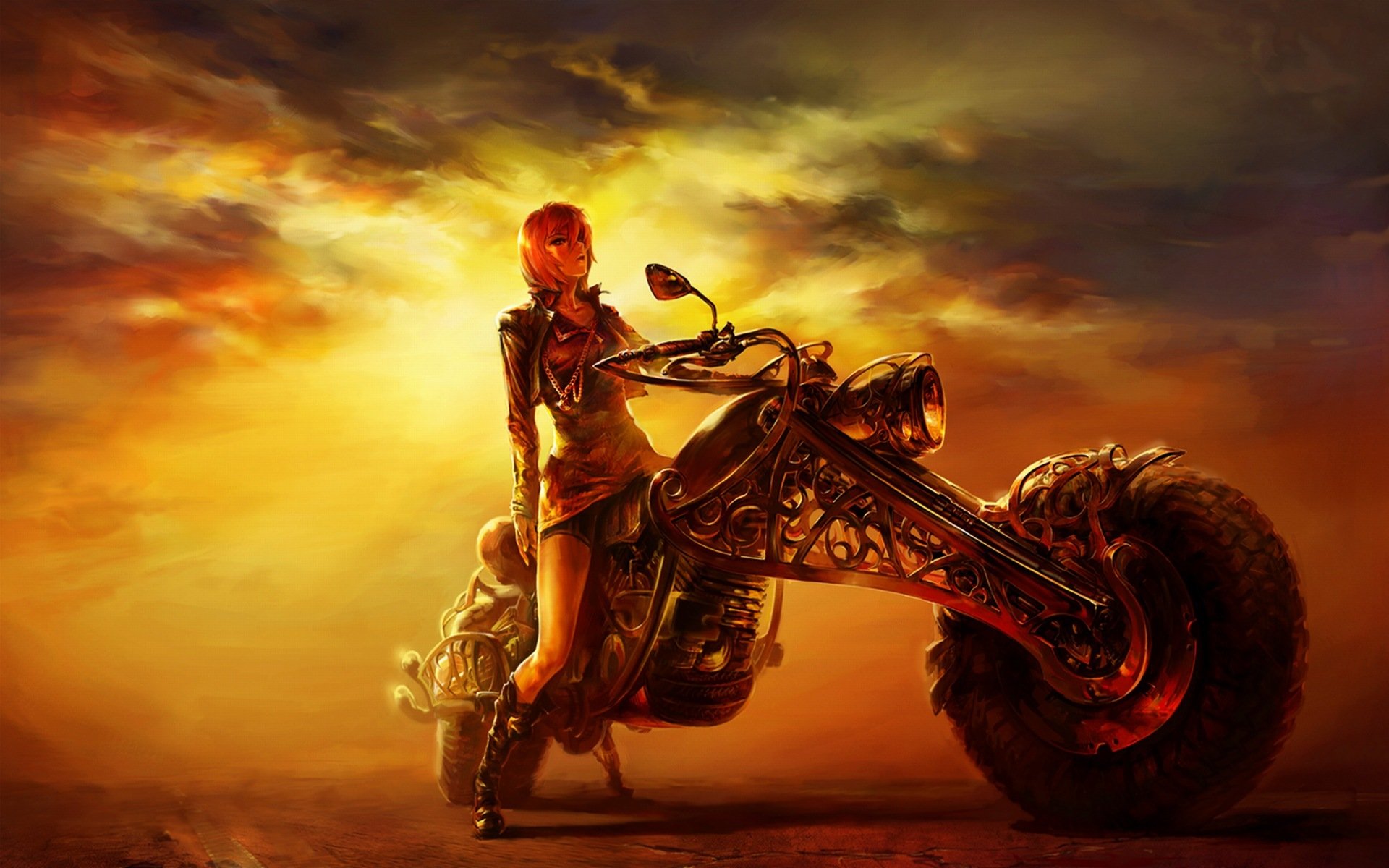 figura chica noche carretera motocicleta puesta de sol