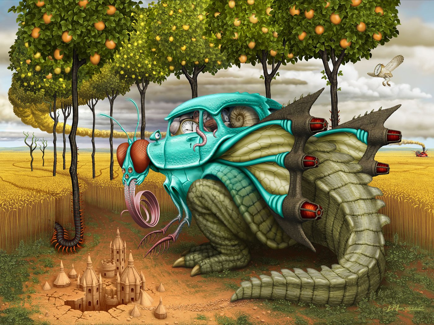 dessin art mouche voiture dinosaure