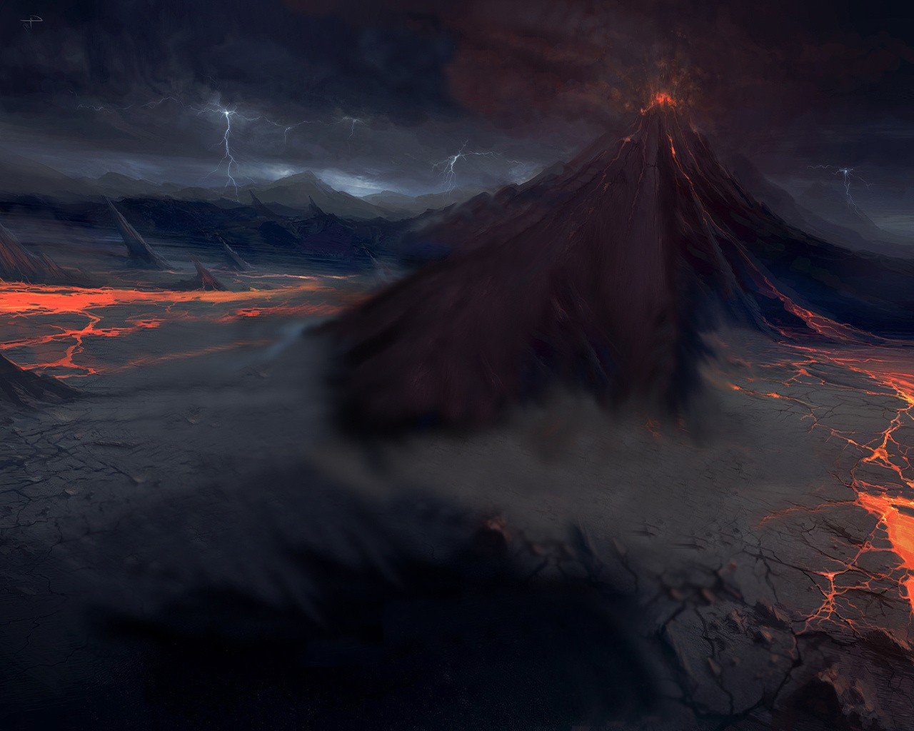 volcano lightning lava