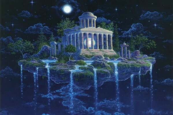 Temple de la lune avec cascade dans la nuit