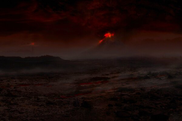 Luces de erupción volcánica en la noche
