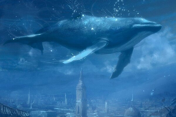 Figura ballena azul en la ciudad