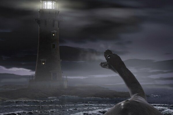 Loch Ness monster looks at the lighthouse