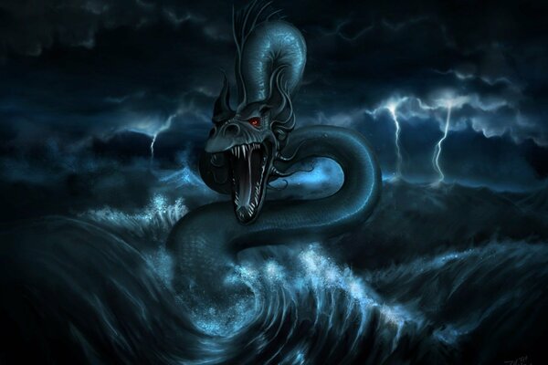 Рисунок с драконом, водой и молниями