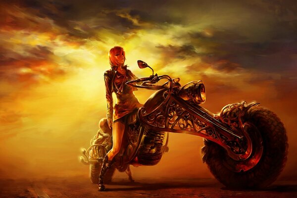 A girl on a motorcycle in the evening at sunset