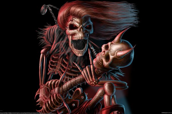 A skeleton in the image of a rock musician