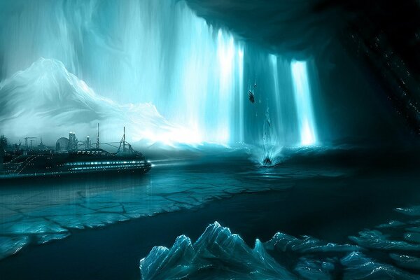 Navire sur la glace à travers la lumière