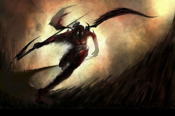 A running dRazemon with wings and a scythe
