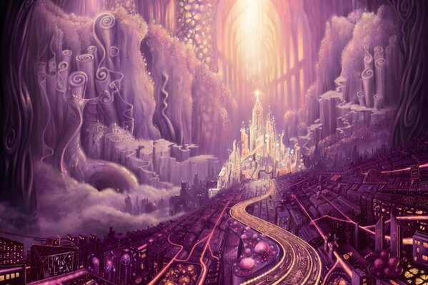 Purple fairy-tale city, the road to the city