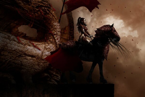 Die Reiterin neben der Leiche des von ihr getöteten Drachen