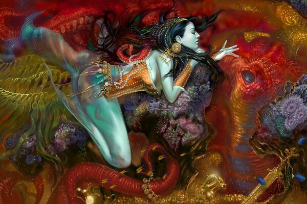 A brunette mermaid lies in red algae