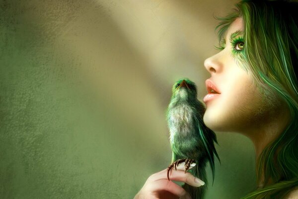 A girl with green hair and a bird