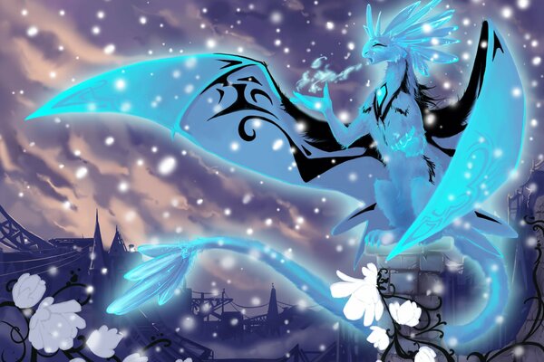 Ice Dragon in snow crystals