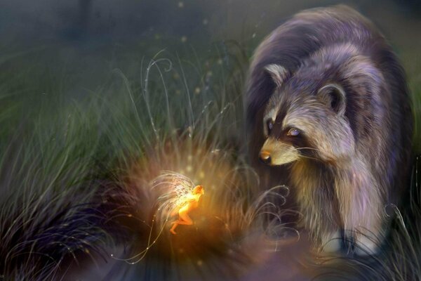 A raccoon looking at a sparkling fairy in the night grass