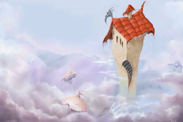 Casa de cuento de hadas en las nubes Rosadas