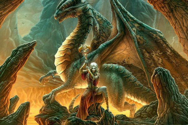 Fantasy, Kerem Beyit. Ein Mädchen mit einem Drachen und einem Zauberstab steht mitten in den Bergen