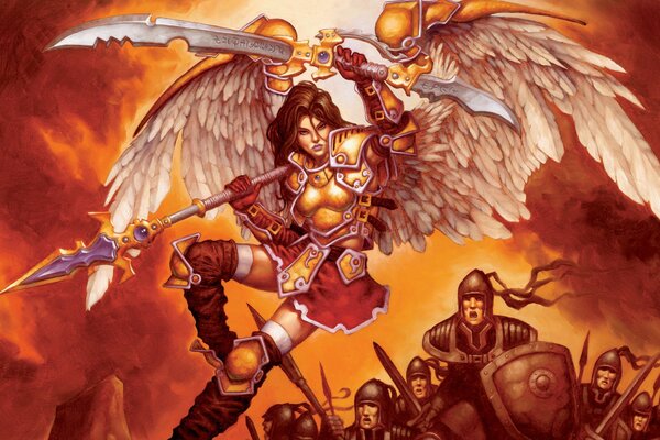 A warrior girl takes off on wings with a sword and a spear