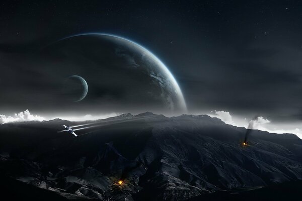 The plane is flying against the background of black mountains. Planets against a dark sky. Dark background. Space