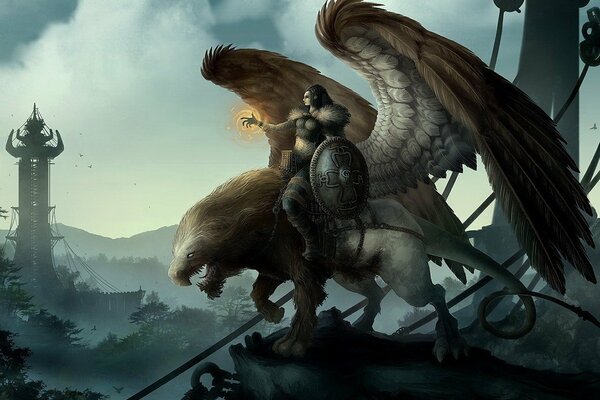 Воин и монстр с крыльями на фоне башни