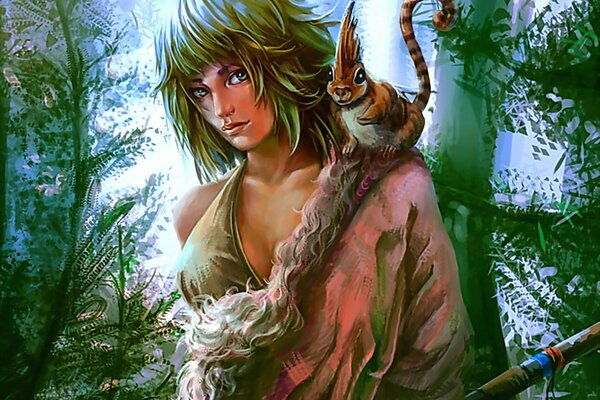Dziewczyna łowczyni z wiewiórką na ramieniu w lesie