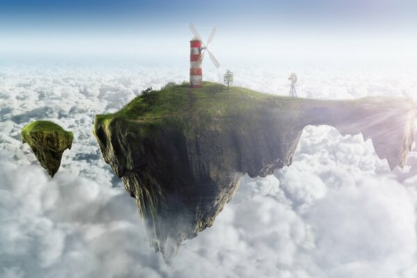 Ein Leuchtturm auf einem Felsen, der über weißen Wolken schwebt