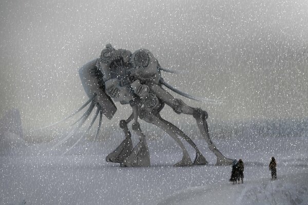 Winter picture with people and a robot in a snowfall