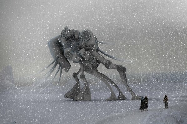 Foto invernale con persone e robot in nevicata