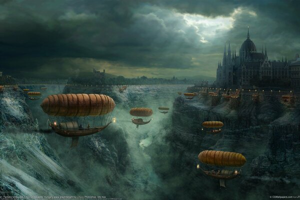 A lot of airships over the gorge. A castle in the distance