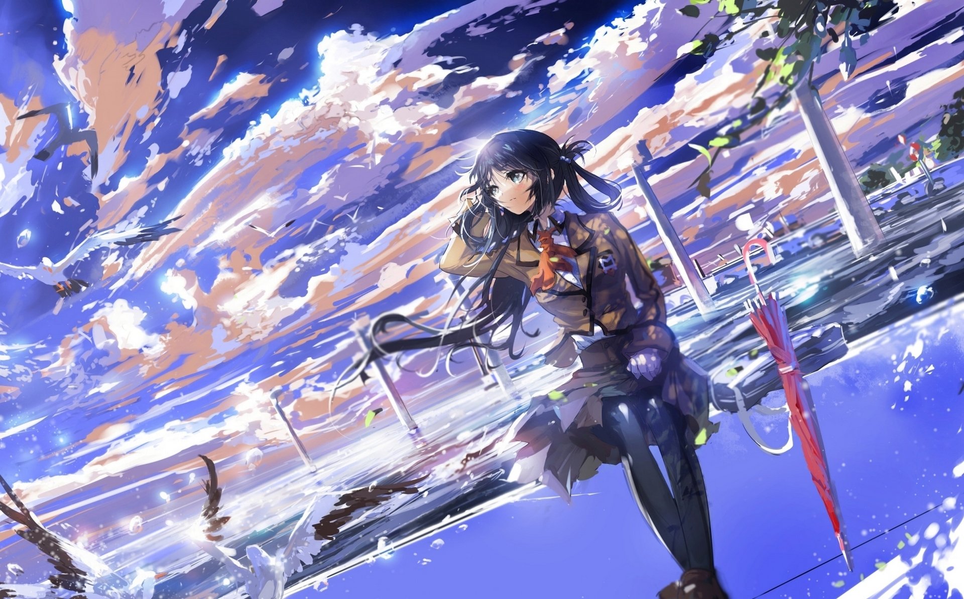 art enseignement anime demain sans nuages nagi pas asukara fille shiodome miuna écolière uniforme parapluie ciel nuages oiseaux