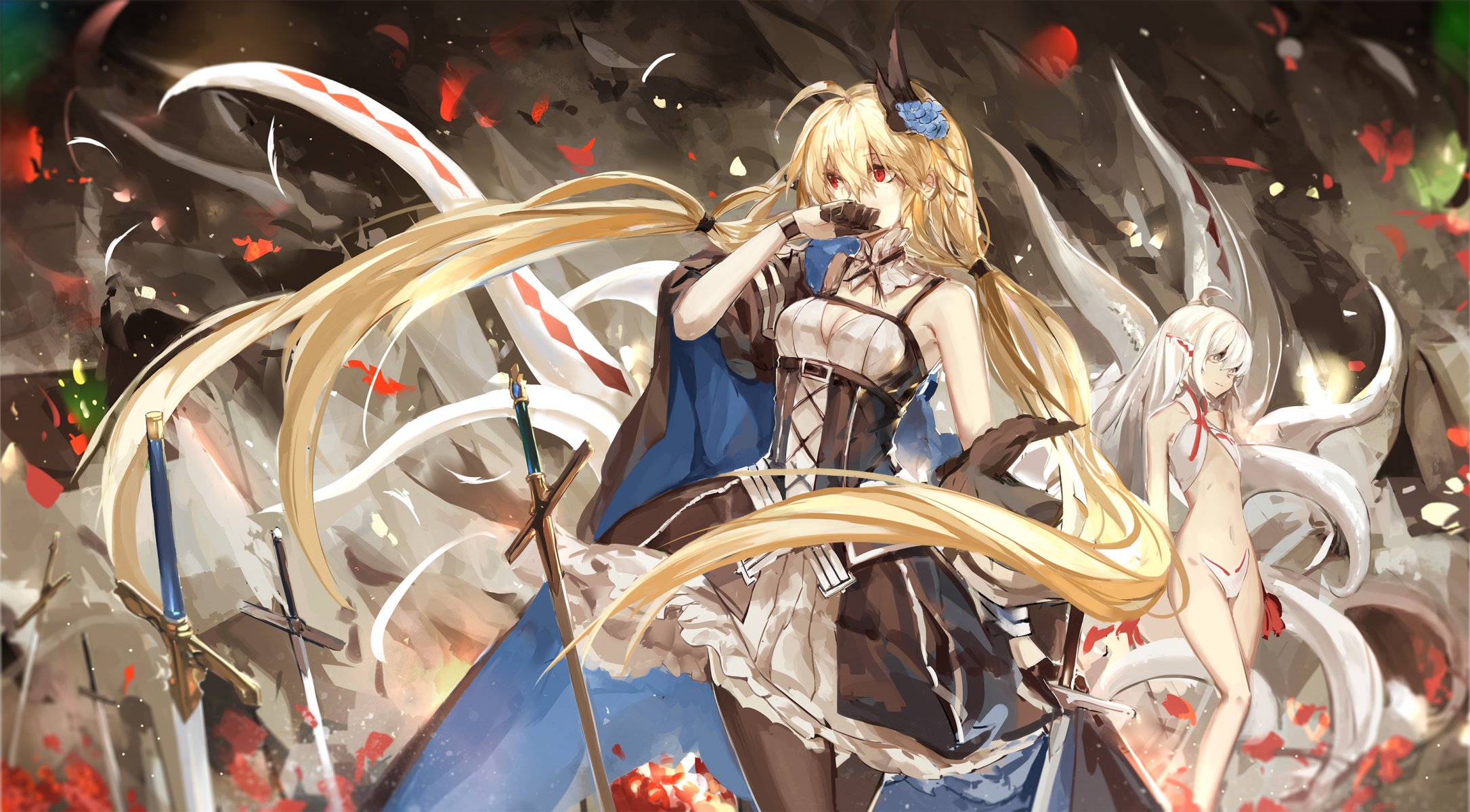 art saberiii pixiv fantasy armeechef filles épées armes sourire fleurs pétales anime