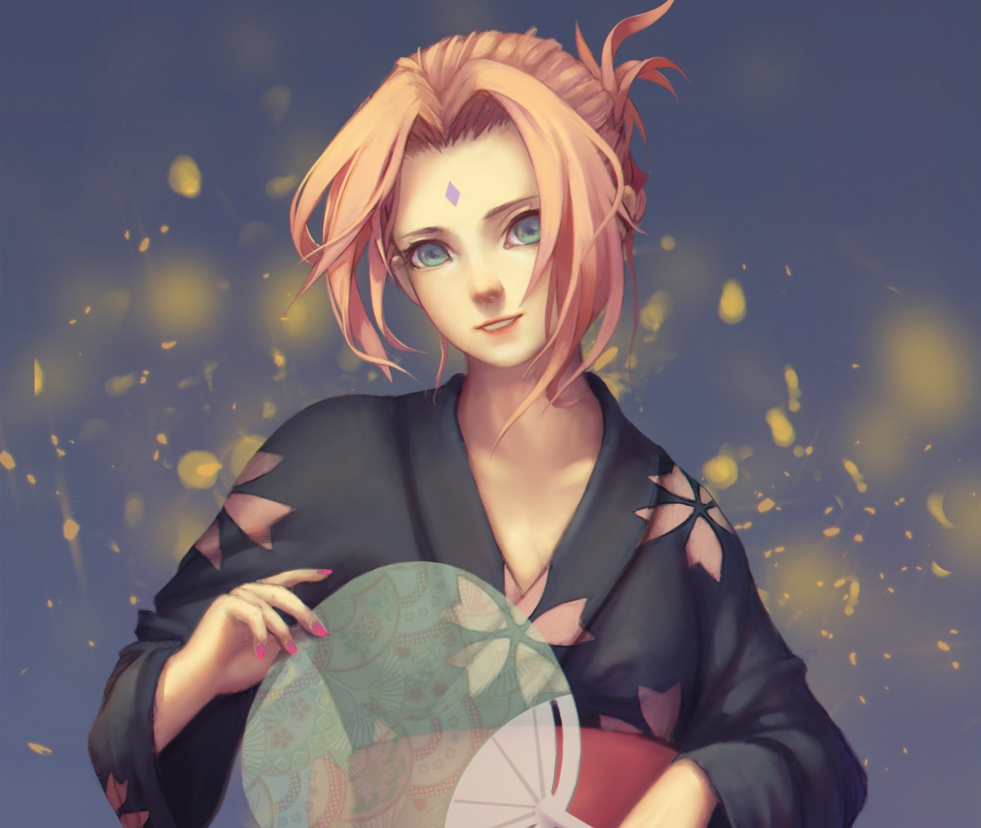 arte daishiro anime naruto haruno sakura chica yukata abanico