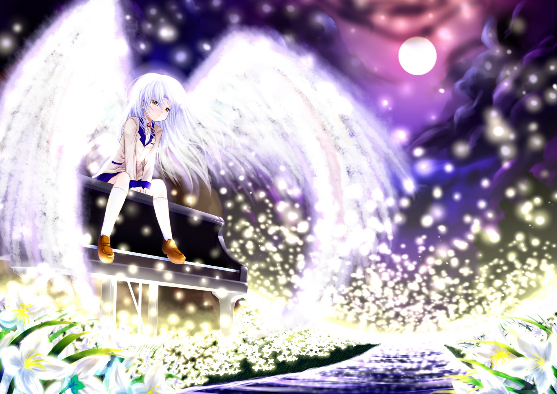 art anime angel beats anielskie rytmy tachibana kanade dziewczyna skrzydła kwiaty fortepian noc księżyc