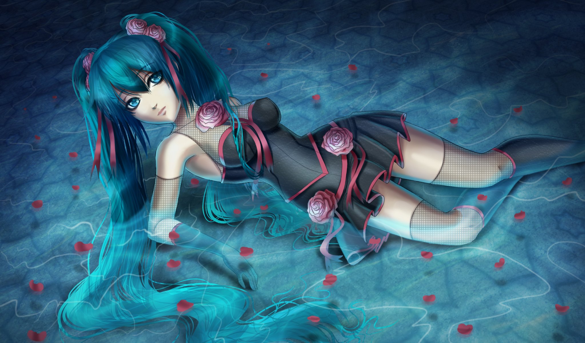 art hatsune miku vocaloid girl water roses flower petal